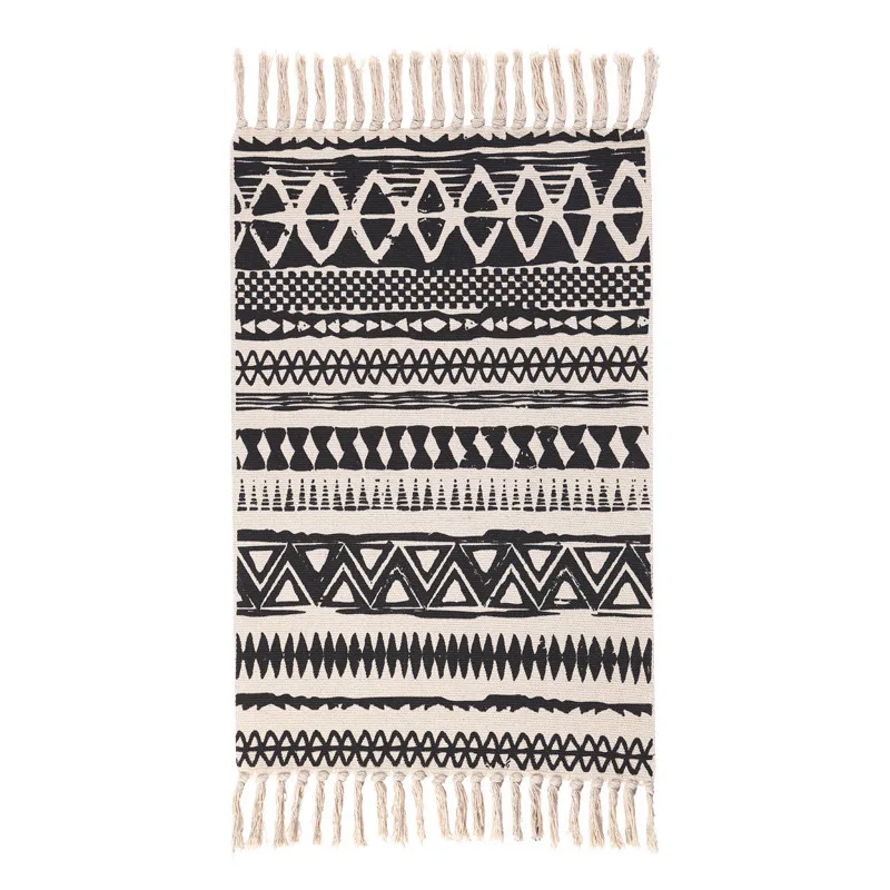 Hand Woven Bohemian Living Room Cotton Linen Handmade Underlay Tassel Rugs  Washable Floor Front Door Mats Outdoor Indoor