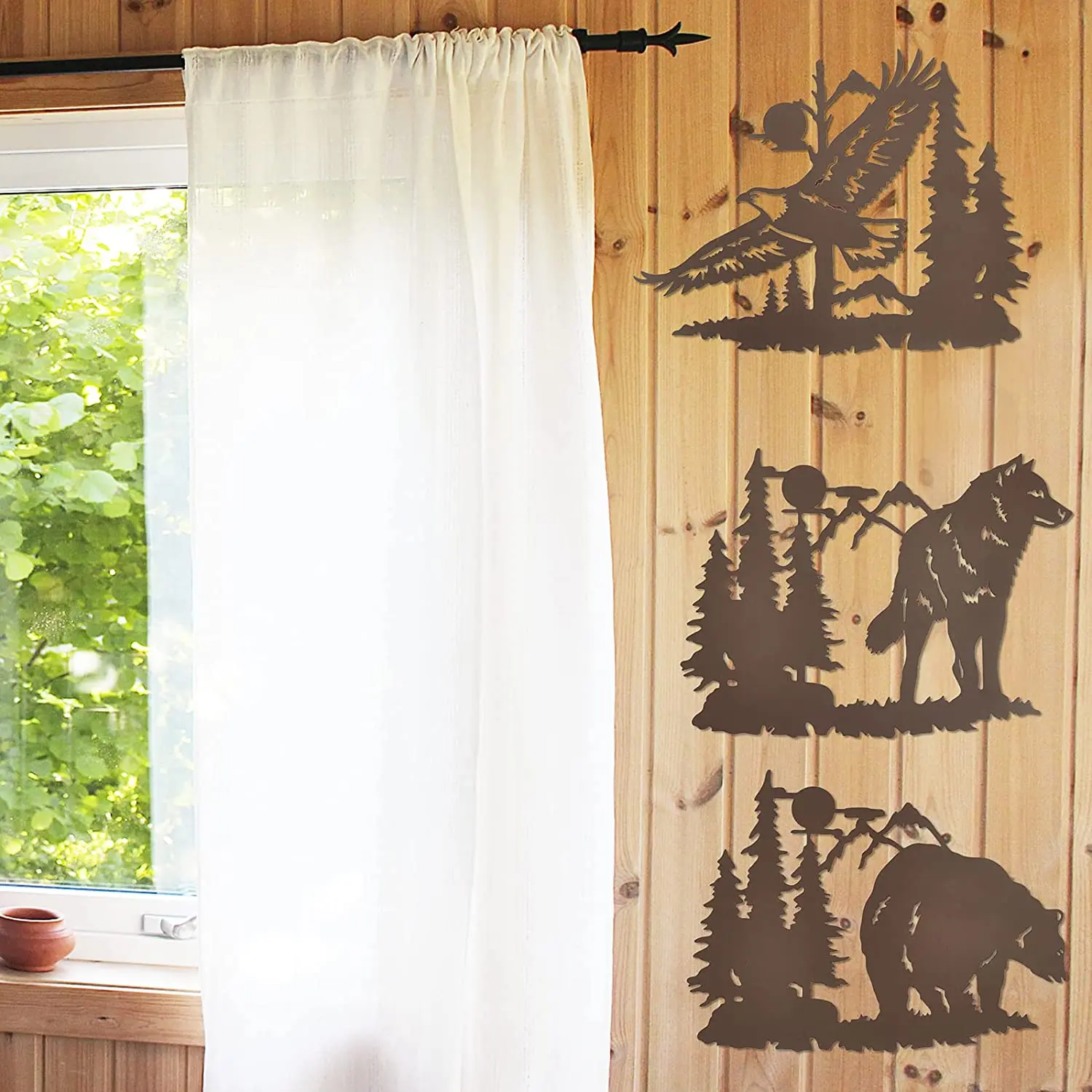 Wholesale Laser Cut Rustic Cabin Metal Wall Art Bear Wolf Hawk In The