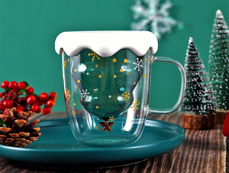 10oz Cute Christmas Tree Shaped Glass Coffee Mug Milk Tea Cup  Christmas Mug with Lid and Handle - China Glassware and Glass Cup price