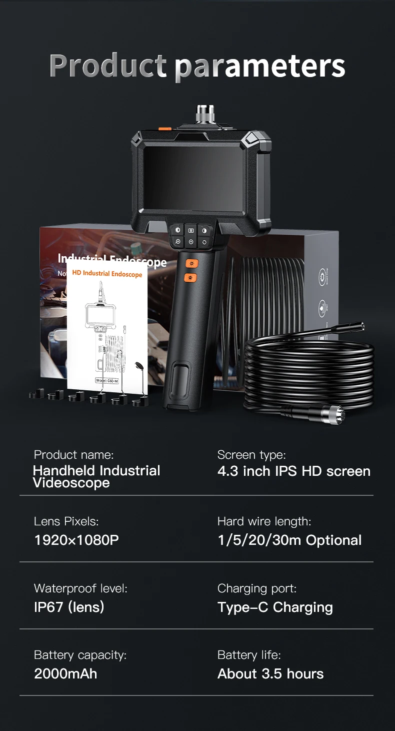 G60-M 5m Semi Rigid 4.3inch IPS Screen Industrial Endoscope Camera 1080P Pipe Sewer Inspection Borescope Waterproof LEDs For Car