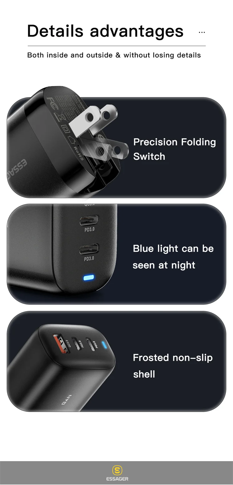 65w Gan Usb-c Fast Charging Adapter Portable Power Station 3 In 1 Qc 3. ...