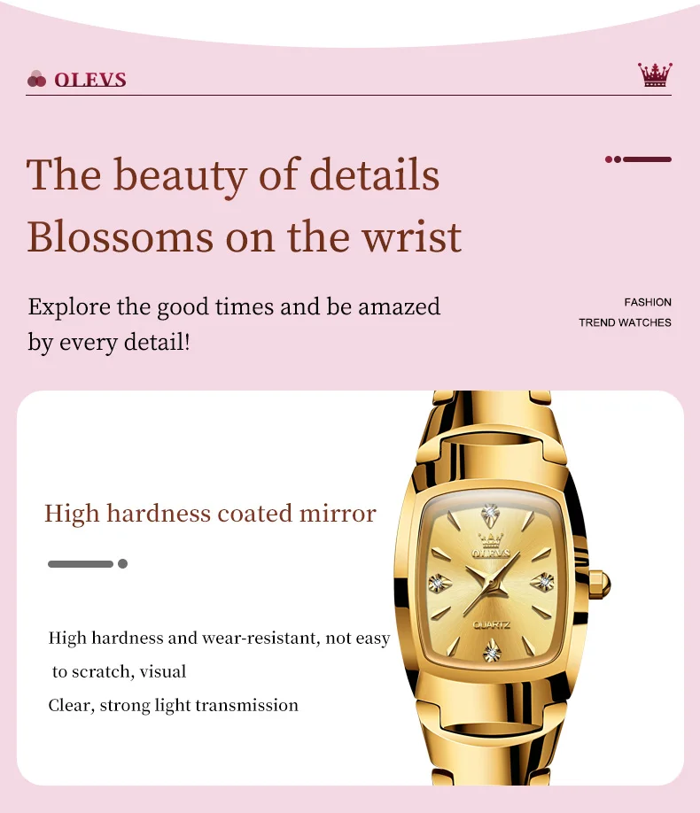 OLEVS 7006 Japan Quartz Movement Water Resistant 3ATM Women Watch Square Shape Dial Gold Tungsten Steel Bracelet Ladies Watches