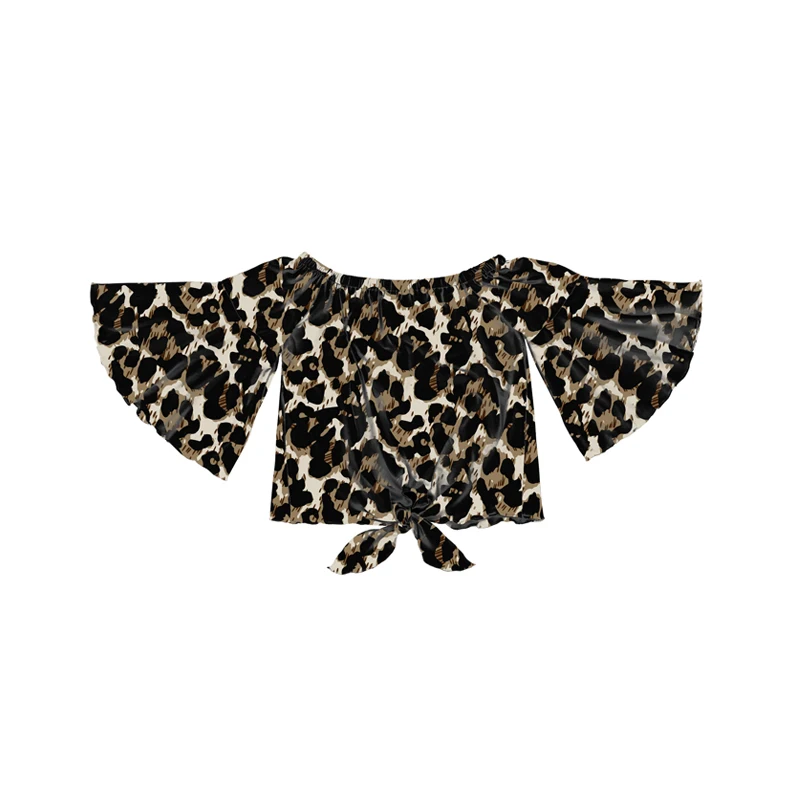 Детские футболки с рукавами-колокольчиками, однотонные футболки с открытыми плечами для маленьких девочек, топы для маленьких девочек с узелком и оборками