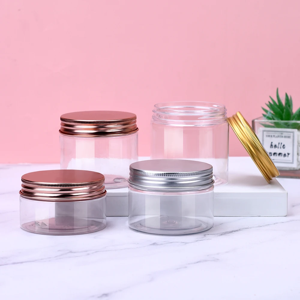 Wholesale 50ml 60ml 80ml 100ml 120ml 150ml 200ml 250ml 500ml clear PET Cosmetic Plastic Jars with Black Lids