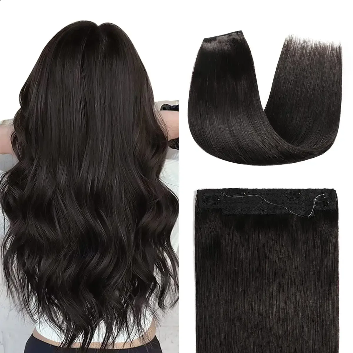 Clip in Human Hair Extensions One-Piece Invisible Fishing Line Wire 4-Clips Remy Natural Black 1B_voghion.com