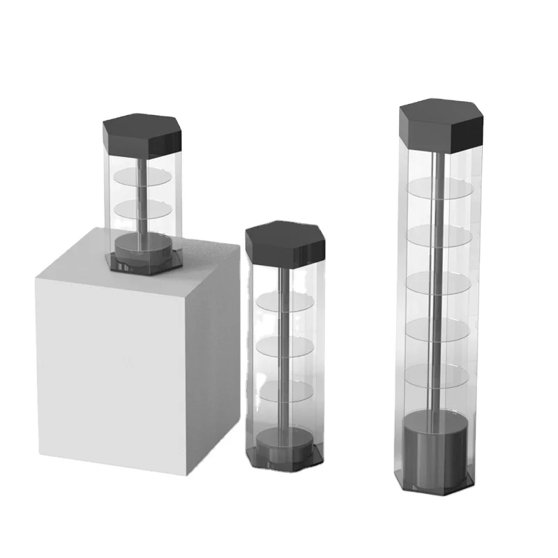 Custom Design Acrylic Hexagonal Rotating Jewelry Watch Display Showcase Cosmetics Jar Bottle Storage Floor Display Stand