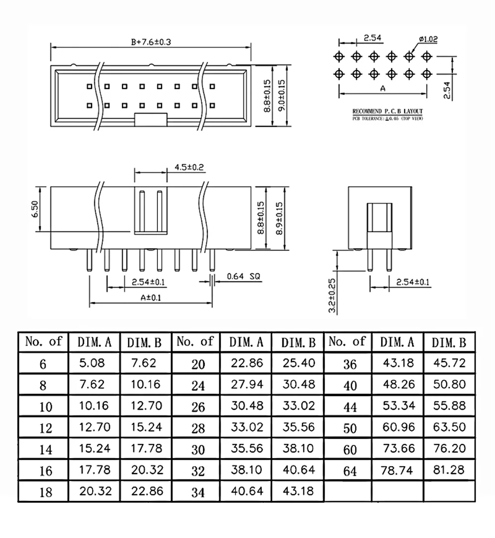 DC3 2.54mm Pitch Male Pin PCB Header Connector 2*6P Double-spaced ...