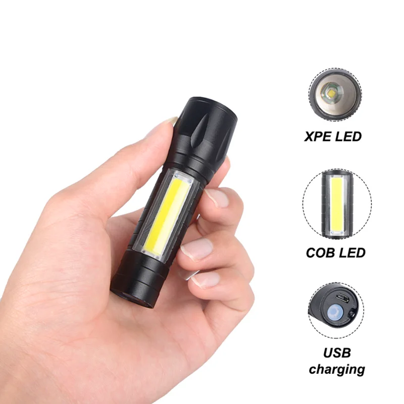 Super Bright Zoom LED Q5 T6 Torch Light With Side COB Light Aluminum Waterproof night light USB Rechargeable Led Flashlight