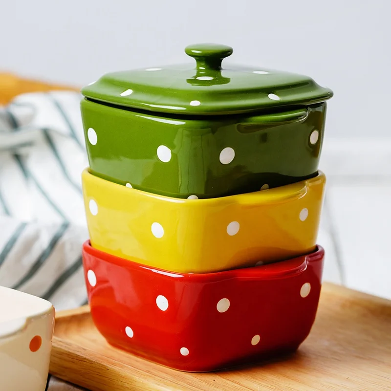 2022 New Arrival Square Ceramic Dinnerware Service Cookware Hand Painted Polka Dot Ceramic Soup Bowl with Lid