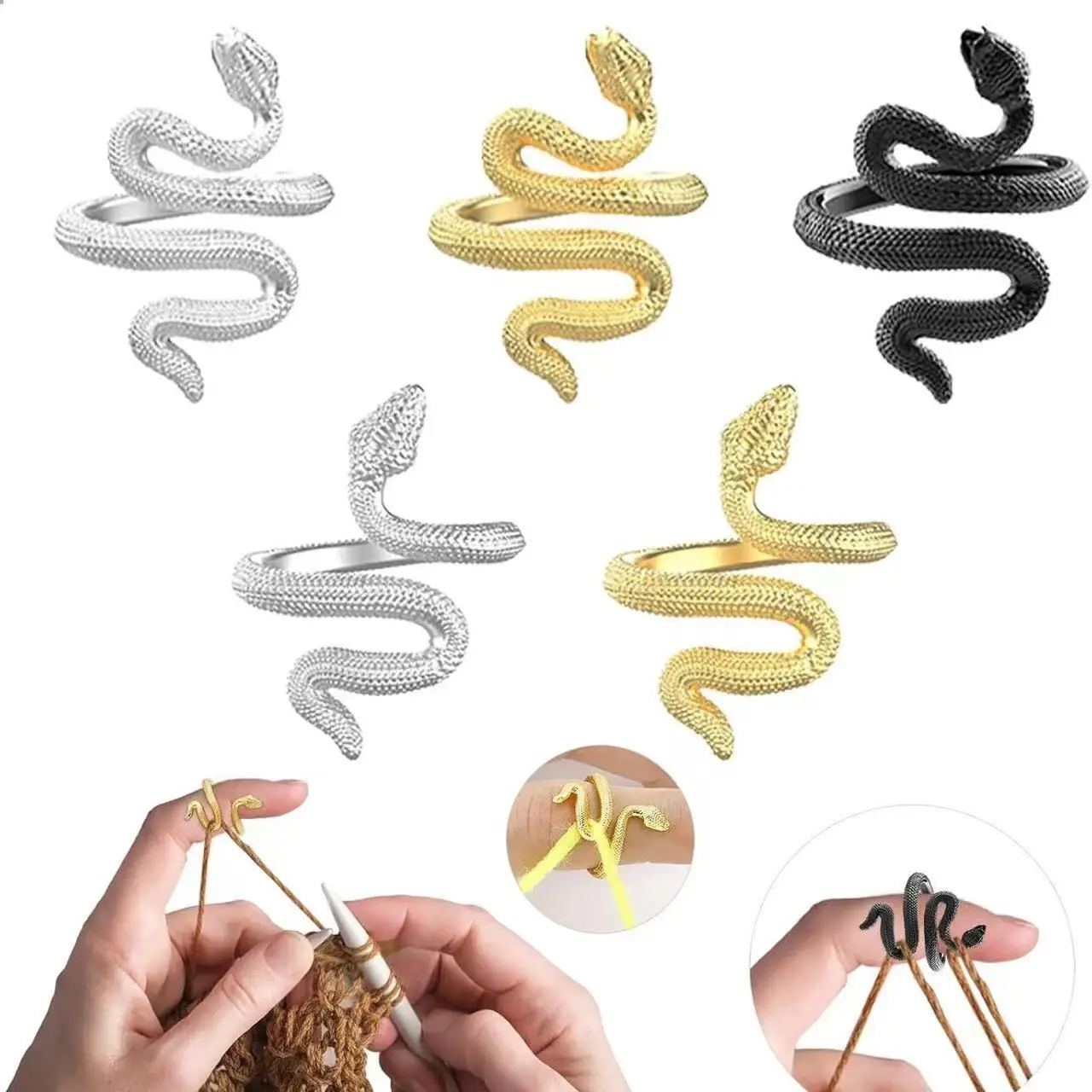 Personalized Silver Index Finger Needlework Snake-Shape Crochet Thread Ring  Sewing Kit with Metal Jewelry Hook and Wool