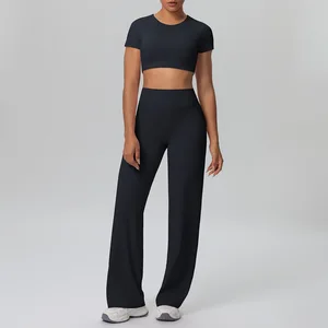 Women's Custom logo Sports Outfit Top High Waisted Flared Pants 2-piece Set Outdoor Running Exercise Fitness Yoga Set