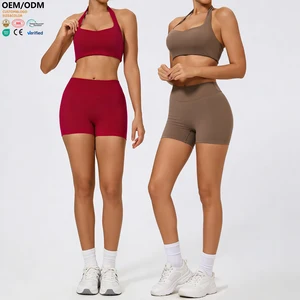 XW-XTTZ420-4 Custom Halter Neck Shorts Tummy Control Breathable Fitness Gym Clothing Women Chest Pad 2 Piece Yoga Wear Set