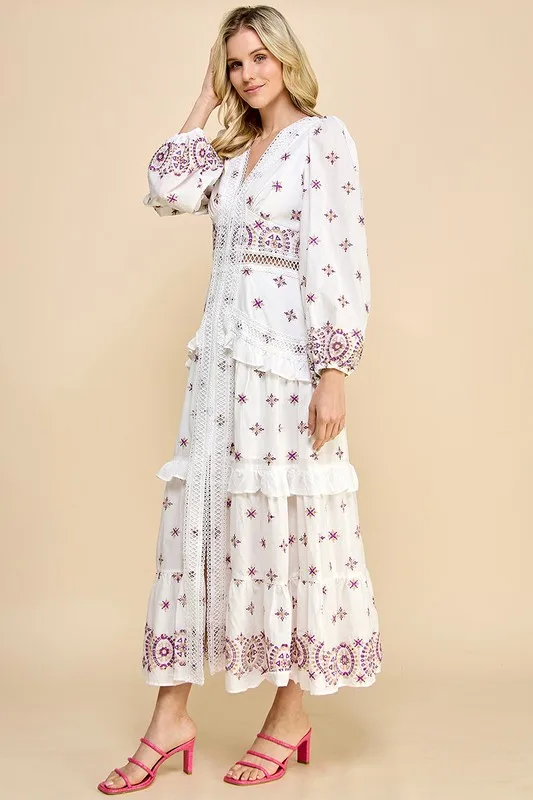 Autumn Long 100% Cotton Dress With Embroidered Lace And Ruffled Edges Natural Waistline Woven Weaving Method - Image 4