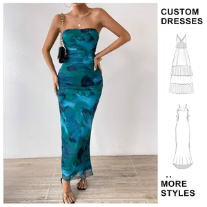Custom Wholesale 2025 Summer Fashion Women's Tie-dye Printed Sexy Strapless Sleeveless Dress Tight Slit Bodycon Dress