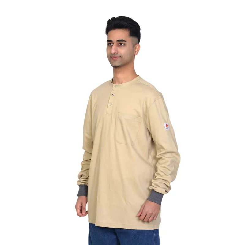 NFPA2112 Flame Resistant Henley Shirt Long Sleeve Flame Resistant FR T-shirt Workwear Cotton Polo Shirt