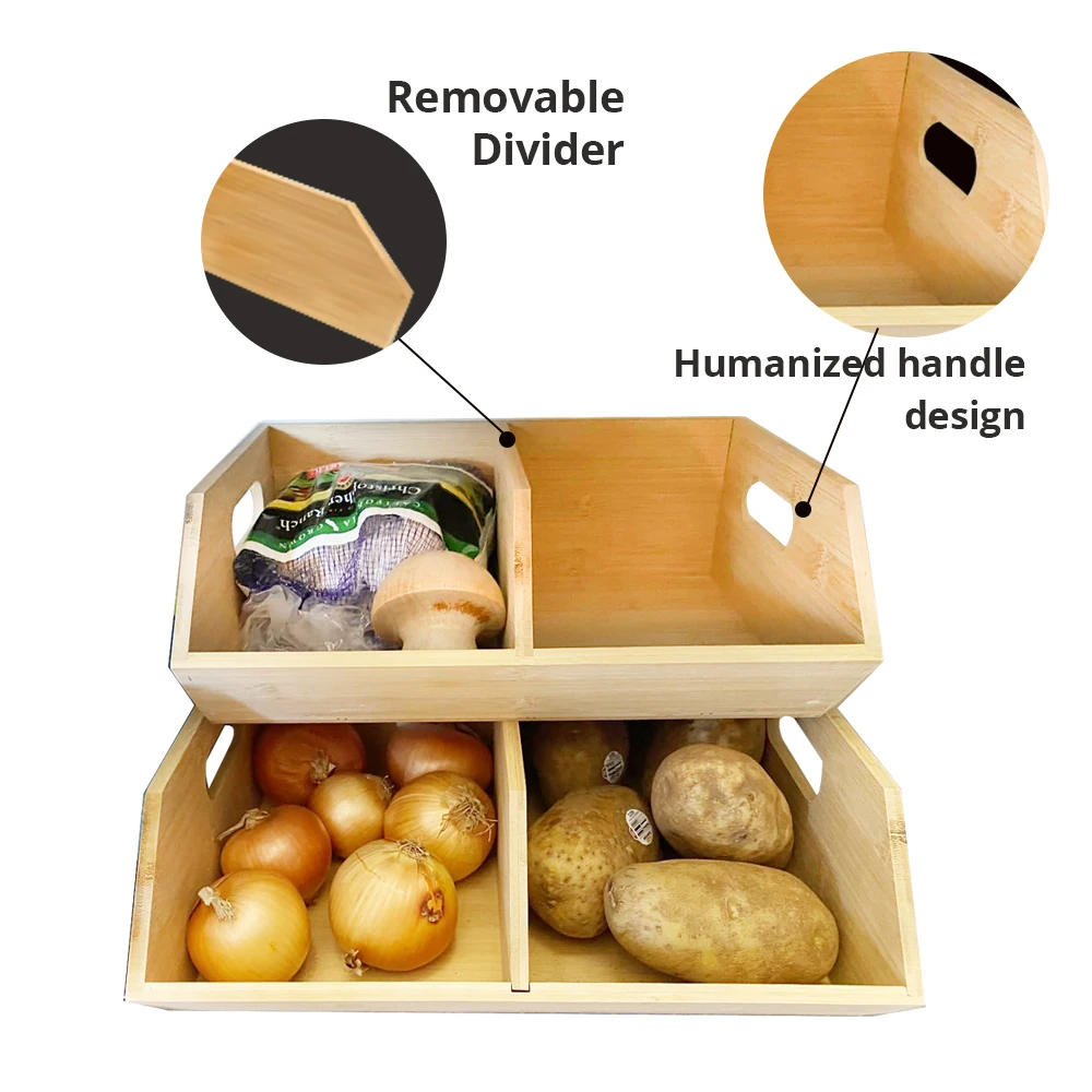 2 Set Bamboo Storage Bin Pantry Storage Baskets Kitchen Organization Ideal  for Potato and Onion Pantry and Vegetable, image size:1000x1000