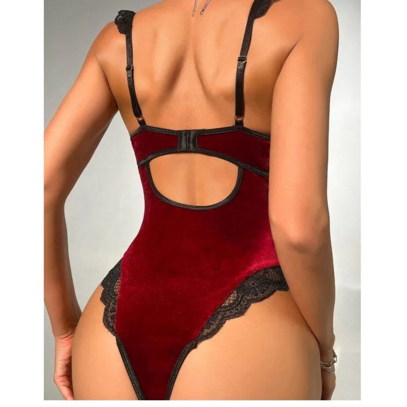 European Velvet Lace Sexy Onesie Lingerie Slim Sex One-Pieces Nightclub  Wear Valentine's Day Bodysuit Underwear