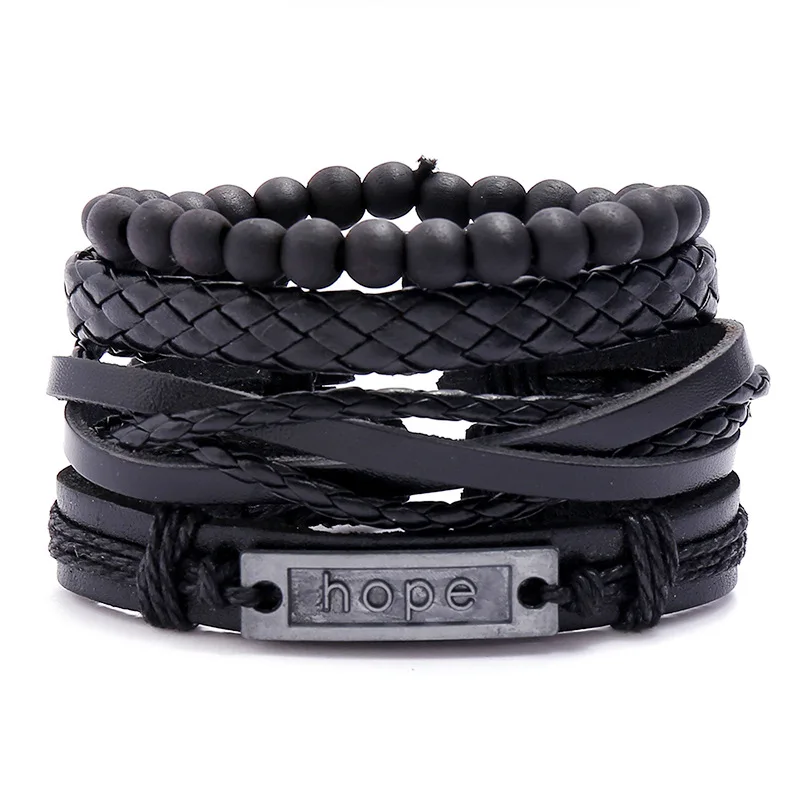 Black Men's Leather Bracelet Set Wooden Beads Pu Leather Bracelet