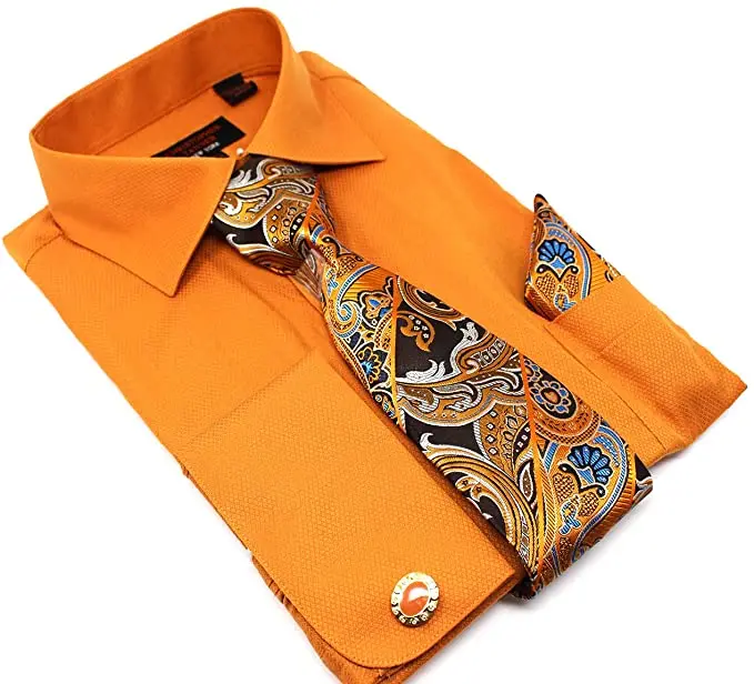 orange french cuff dress shirt Steven Land Melon & Brown Striped Club Collar French Cuff Cotton Dress Shirt, 16 / 34/35