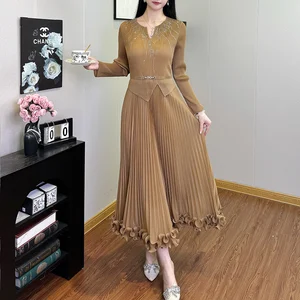 High Quality Women's Elegant Dress Design Sense Stretch Long Sleeve Office Fashion Dress Autumn Miyake Pleated Dress Factory
