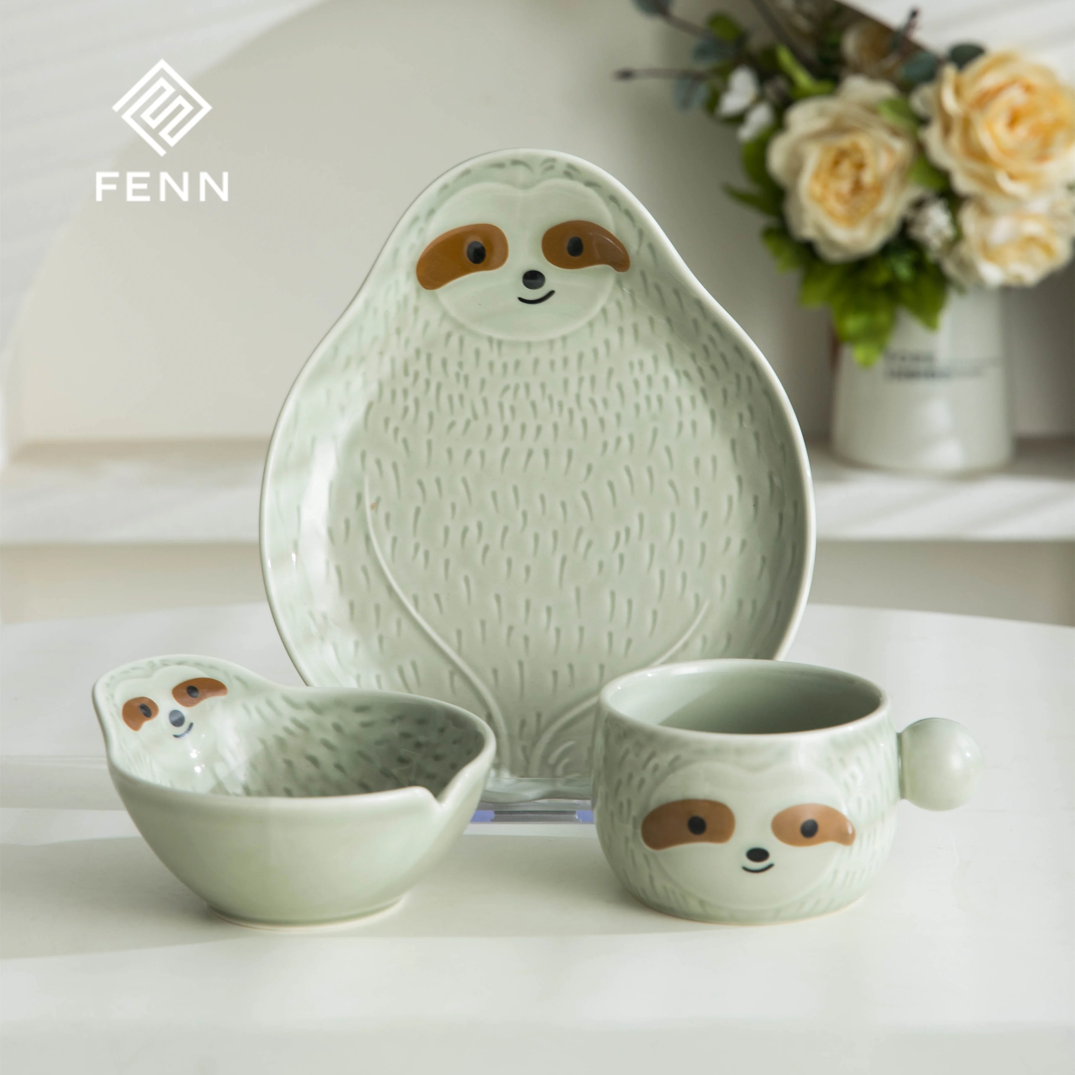 FENN Cartoon Ceramic Cute Dinnerware Animal Sloth Plate Breakfast Salad Fruit Bowl Creative Restaurant Aesthetic Dinner Plate