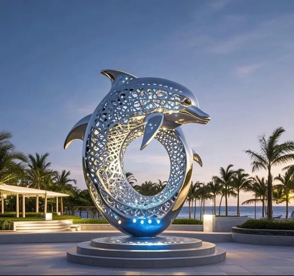 Custom Outdoor Large Metal Abstract Hollow Art LED Dolphin Stainless ...