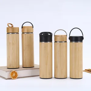 D5021 Modern Portable 304 Stainless Steel Water Cup with Bamboo Shell for Camping Vacuum Upright Design