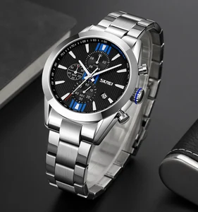 SKMEI 9302 Men's Luxury Sport Quartz Watch-Stainless Steel Band Zinc Alloy Case 44MM Dial 3BAR Water Resistant Day/Date New