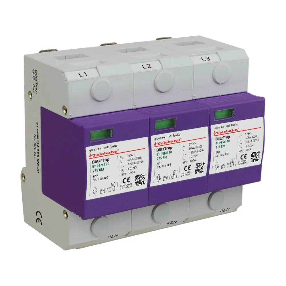 275V AC T1 3P Surge Protection Devices  In60kA/Imax120kA for Three-phase TN-C ( 3+0 circuit) Power Supply System SPD