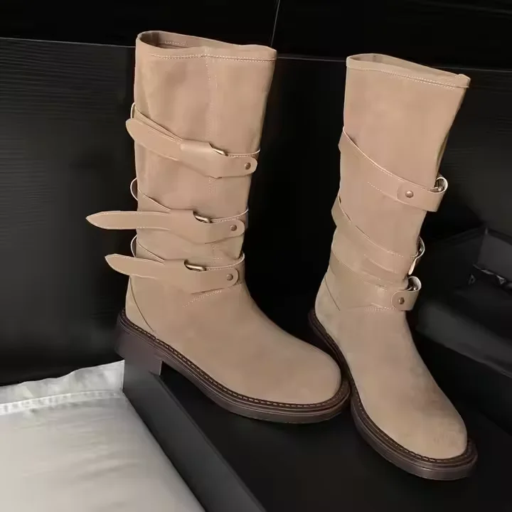 2024 Winter New Knee High Knight Western Boots High Quality Real Suede Leather 3.5cm Block Heel Wide Calf Women