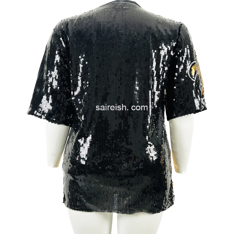 Saireish Plus Size Women's Casual Dress with Gold Sequin Saints Jersey  Beading Black Straight Ropa Mujer Short Sleeve Length
