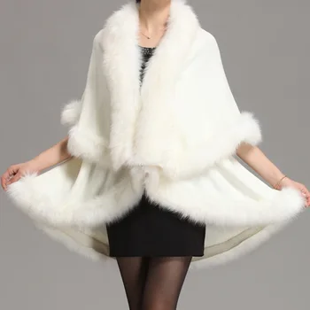 Factory Wholesale Autumn Winter Loose Imitation Fox Fur Collar Double Knitted Women Shawl Cloak Coat