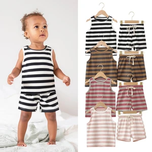Stretchy 95%Cotton 5%Spandex Toddler Girls' Striped Sleeveless Tank Top & Drawstring Shorts Kids Summer Clothe Set for Daily