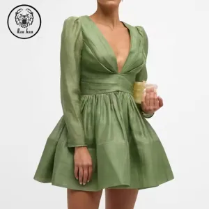 Elegant Lady Fashion Mini Party Dress Fall V-Neck Long Sleeve Pleated Crossover Front Zipper Decoration Technique Plain Dyed