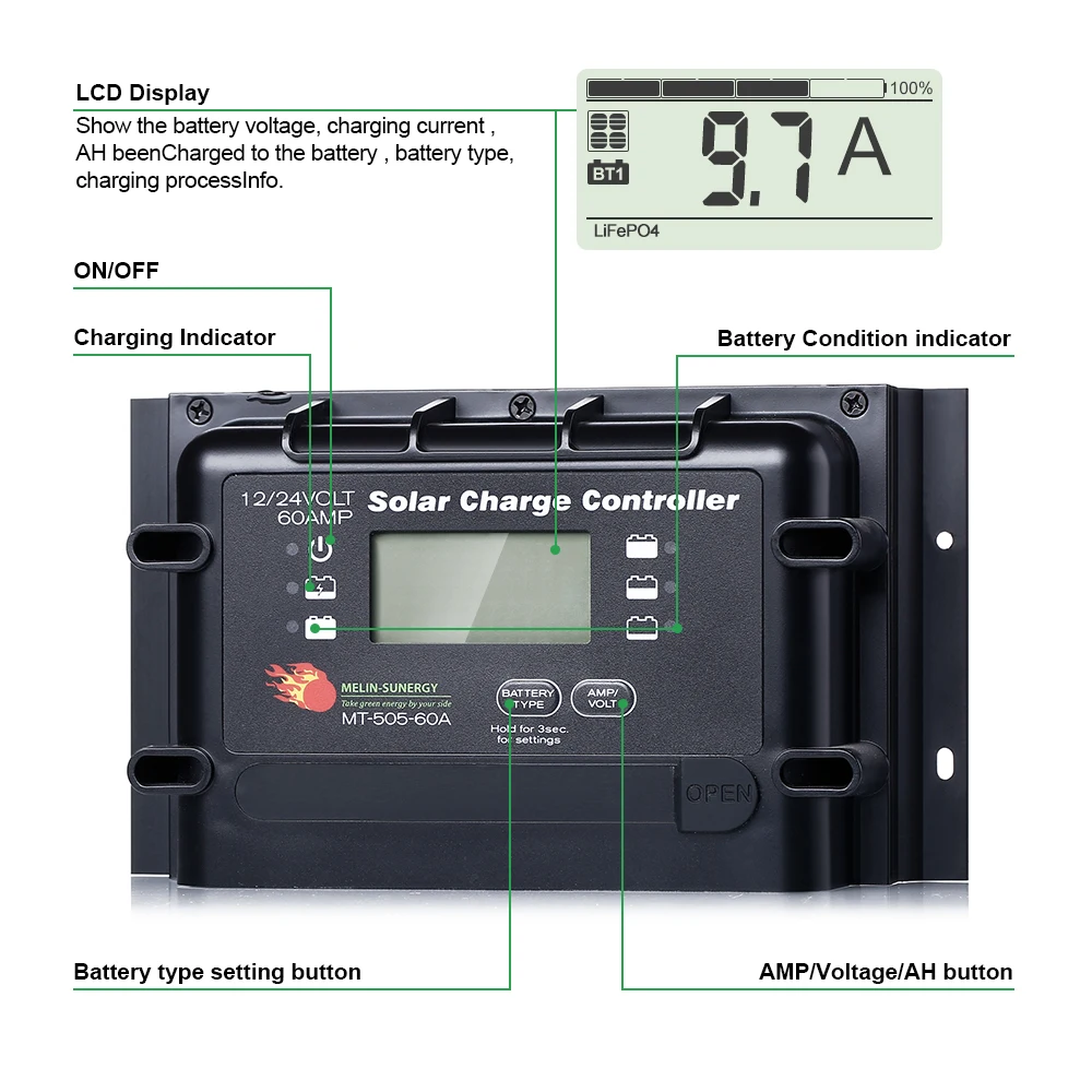 Smart Melinsunergy MT-515-60A 60A PWM Solar Charge Controller 12V/24V Remote 5 Stage Charging 5KW Max PV Power for