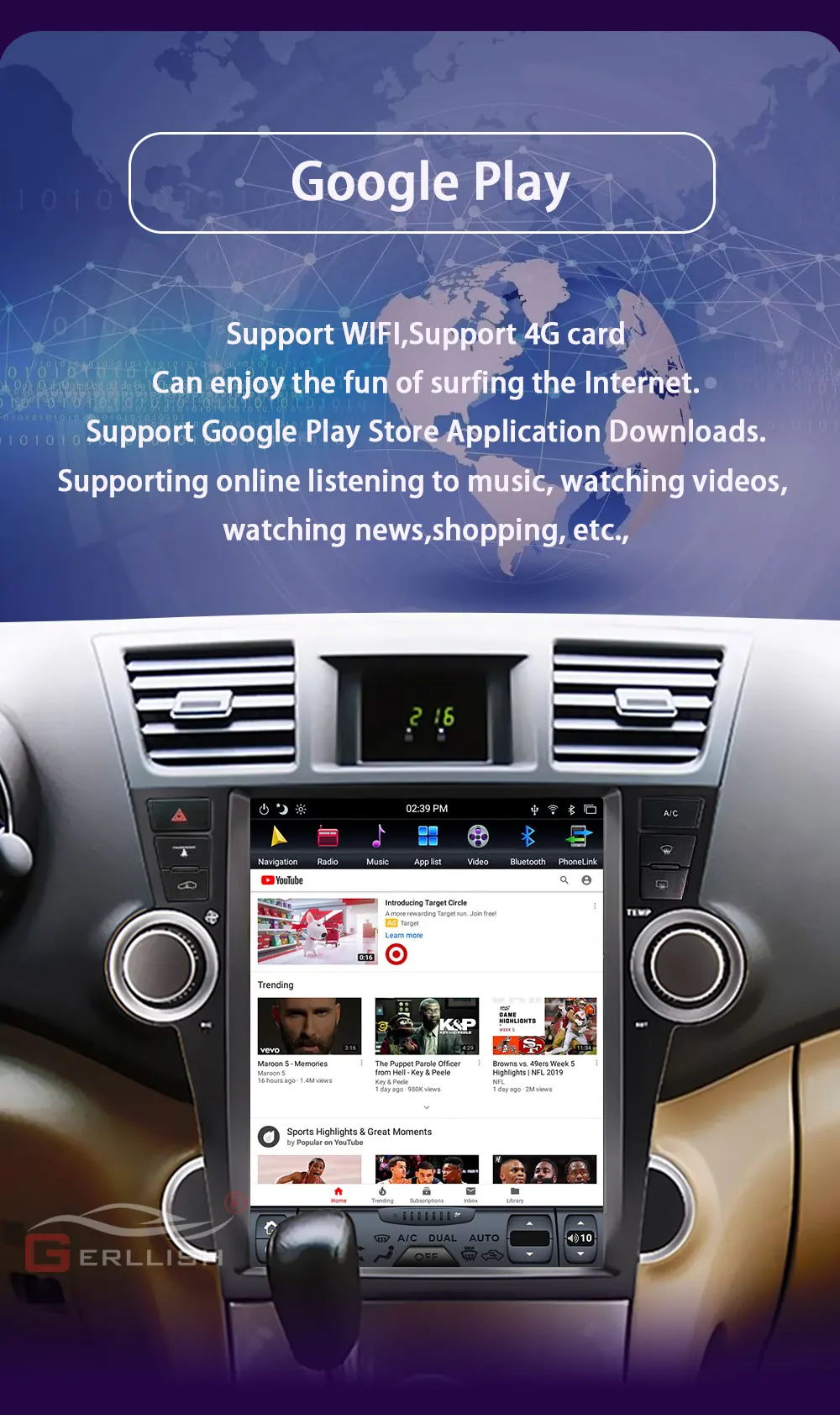 Tesla Style Android 12.1inch Car Dvd Player Gps Navigation For Toyota Highlander Kluger 2009