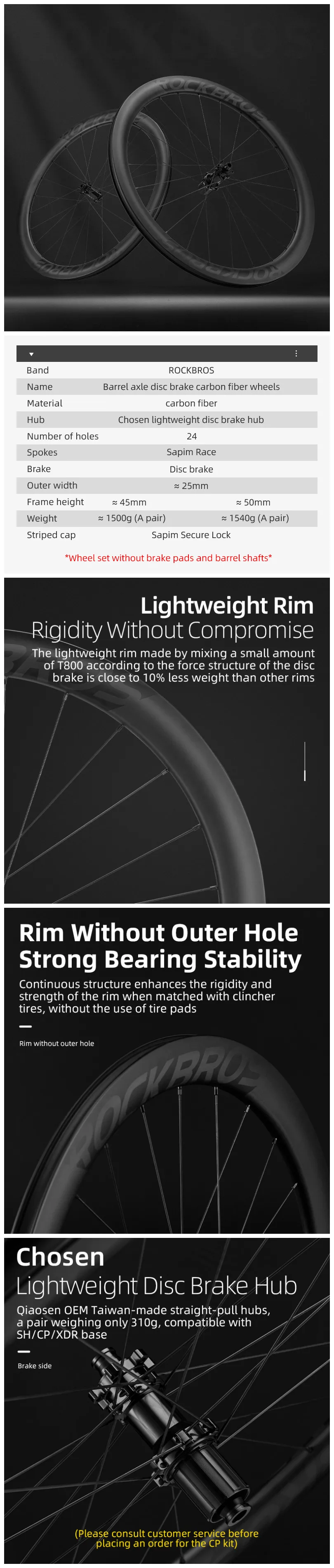 Rockbros Bike Carbon Fiber Wheels R255 Hub Disc Brake 00c Road Bike 38