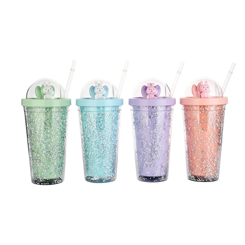 1pc Sequin Decor Clear Tumbler, Cute Pink Straw Cup For Girls