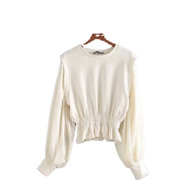 Autumn Essential Basic Loose Short Sweater Strap Lantern Sleeve Slim Stretch Waist Part Touch Elastic Fabric Knitted Wear Casual