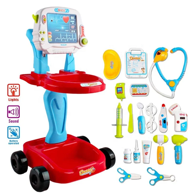 Musical Light Toy ECG Testing Equipment Set Pretend Medical Play Doctor Cart Kit for Kids