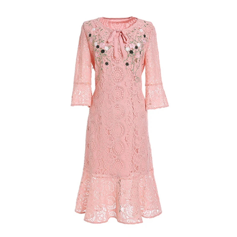 Elegant pink lace dress floral embroidered fitted ruffled lace dress019919