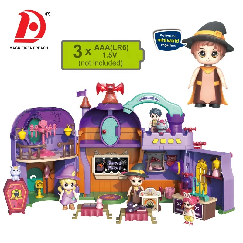 HUADA 2023 Halloween Miniature Doll Kids DIY Magic House Academy of Wizard Toy Gifts With Music