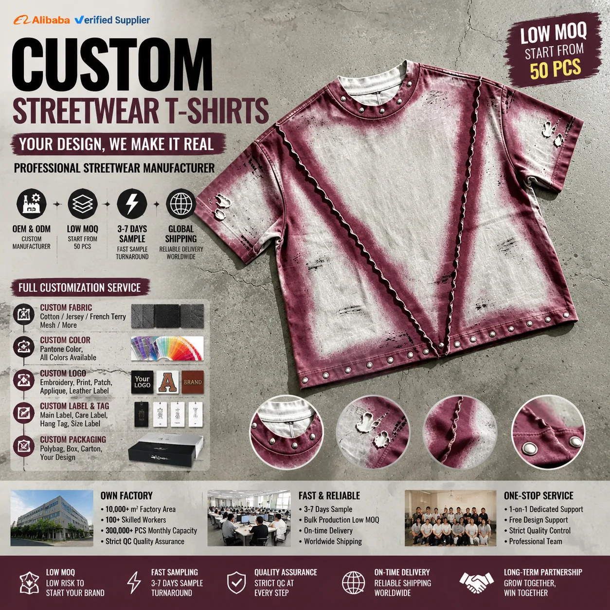 Vintage Retro Oversized Distressed Ripped Patchwork Studded Cotton Casual Acid Wash Tee Streetwear Acid Wash T-shirt gallery 2