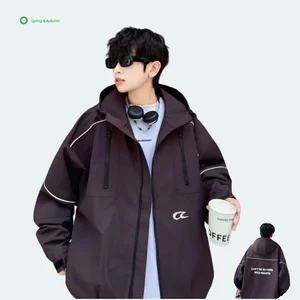 Boy's Hooded Quilted Jacket Spring Casual Loose Garment Dyed Letter Pattern Zipper Outwear