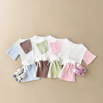 Solid color baby Summer clothing stitching waffle short-sleeved shorts suit casual children two-piece set