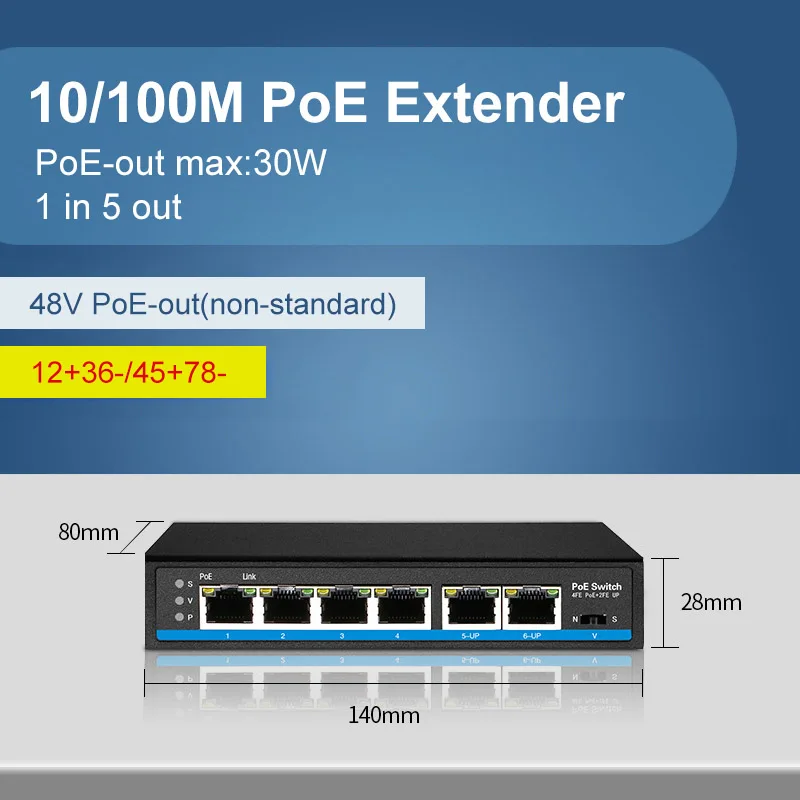 5 Ports 10/100M PoE Repeater Nonstandard Straight 48V Output Max 30W PoE Extender supplier