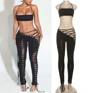 Popular New Design Ladies Clothes Hot Sale Women Hollow Out Two Piece Set Halter Top Lace-up Pants Suits