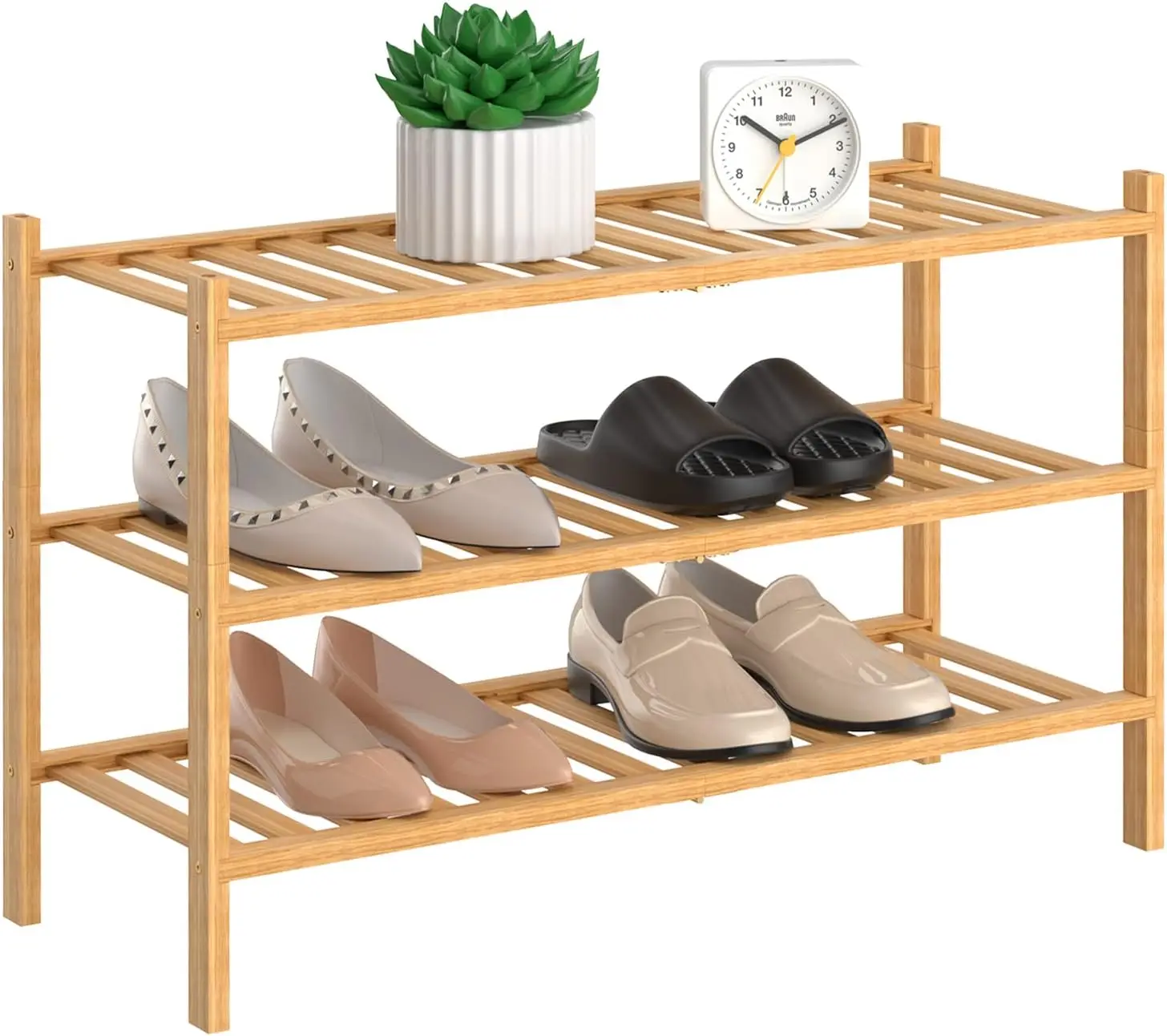 Multi-Function Modern Free Standing Bamboo 3-Tier Stackable Shoe Racks for Living Room Entryway Storage