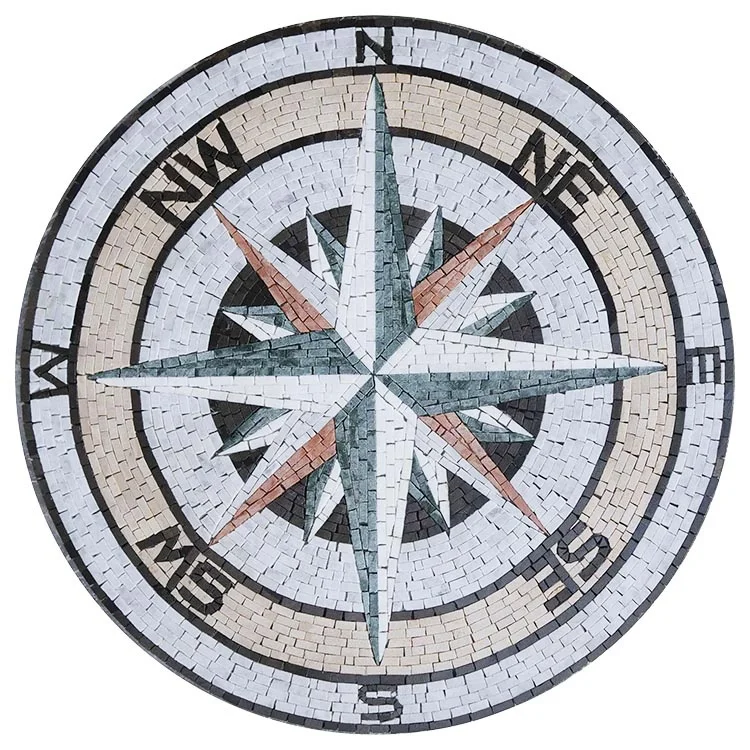 Nature Colors Marble Stone Handmade Compass Mosaic Medallion  Mesh Backing