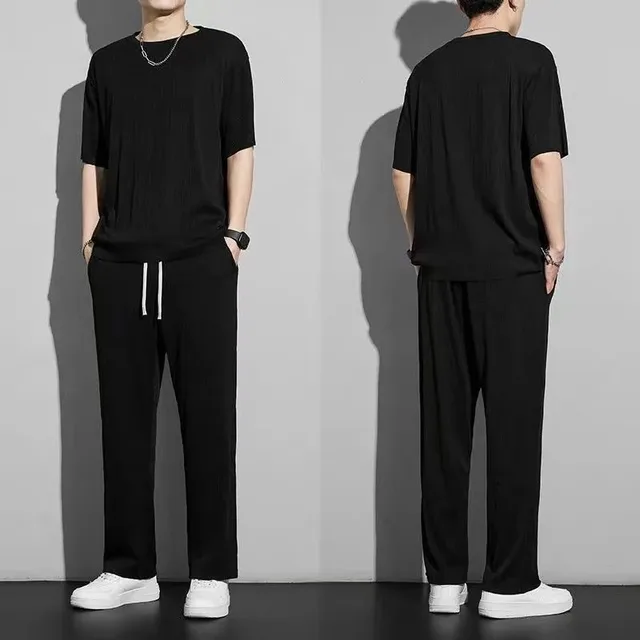 Men Short Sleeve Shirt with Full Length Pants Solid Sets for Man Loose Style Polyester Quick Dry Blank 2pcs Casual Set